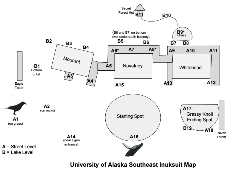Map of locations for the Inuksuit performance around campus.