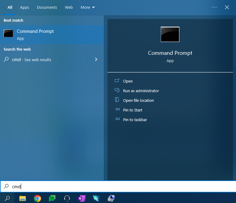 CMD present on the Start menu search