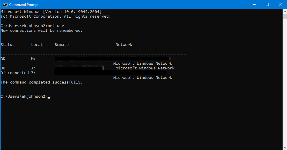 Mapped drives listed in Command Prompt after use of the