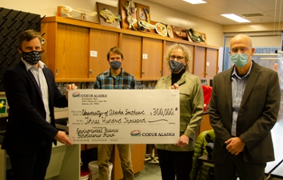 Check presentation. Left to right  Mark Kiessling, General Manager, Coeur Alaska – Kensington Mine  Eran Hood, Ph.D., Professor of Environmental Science, UAS  Chancellor Karen Carey, UAS  Tom Thornton, Ph.D., Dean of Arts & Sciences, Vice Research & Sponsored Programs, Interim Co-Director for Alaska Coastal Rainforest Center, UAS