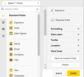 Multiple customization choices located on the right side of the DocuSign screen