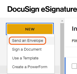 DocuSign New button. Click New and select the first option directly under New.