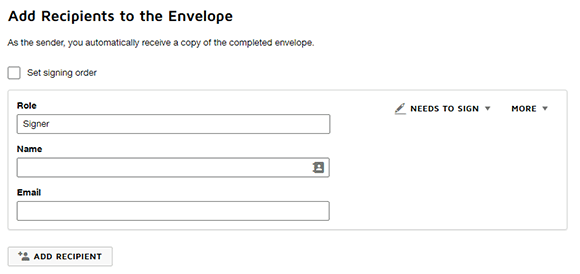 Select the text box and add the signers Role, Name, and Email address respectively.