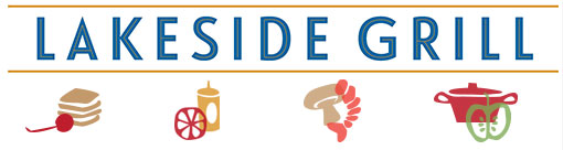 Lakeside Grill banner, includes clipart of pancakes, mustard and tomato, mushroom, and a pot